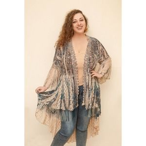 Plus Size Peasant Boho Festival Lace Crochet Ruffle Cardigan Duster Navy Kimono